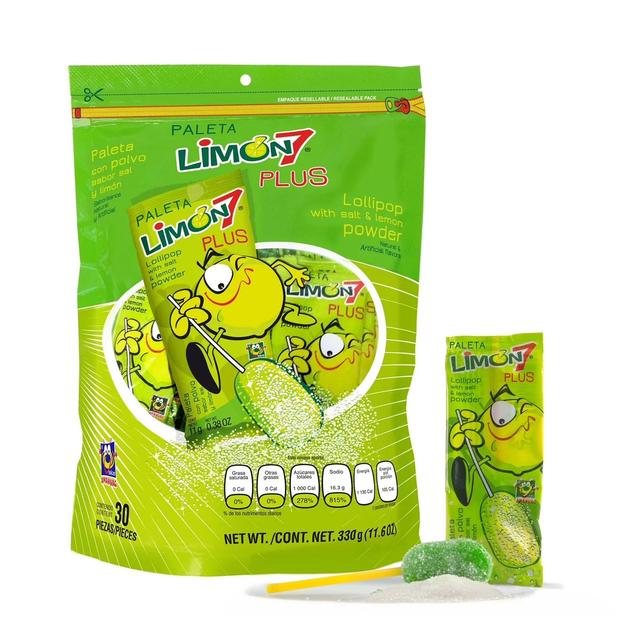 Dulces Anáhuac Limon7 Plus Paleta 30ct bag of authentic Mexican sour lemon lollipops coated with tangy salty lemon powder.