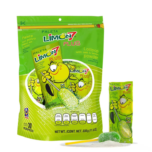 Dulces Anáhuac Limon7 Plus Paleta 30ct bag of authentic Mexican sour lemon lollipops coated with tangy salty lemon powder.