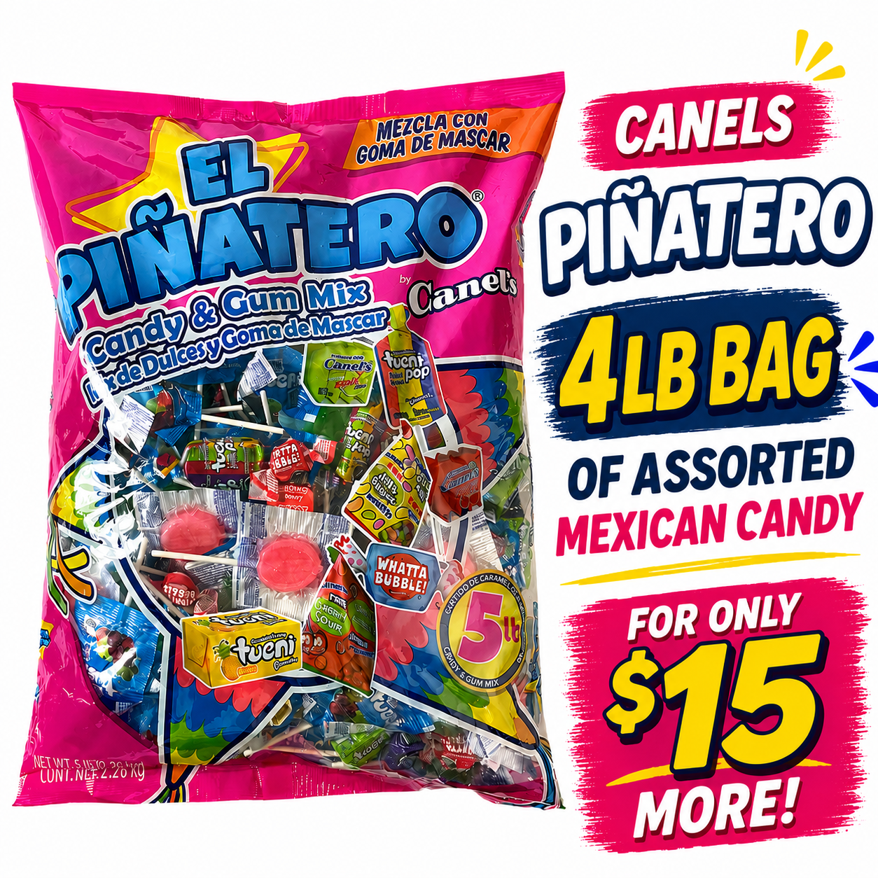 Canel's El Piñatero 4 lb assorted Mexican candy and gum mix bag with lollipops, chewing gum, hard candy, and party treats, perfect for piñatas and celebrations.