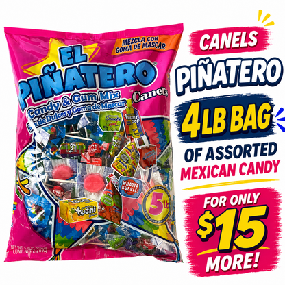 Canel's El Piñatero 4 lb assorted Mexican candy and gum mix bag with lollipops, chewing gum, hard candy, and party treats, perfect for piñatas and celebrations.