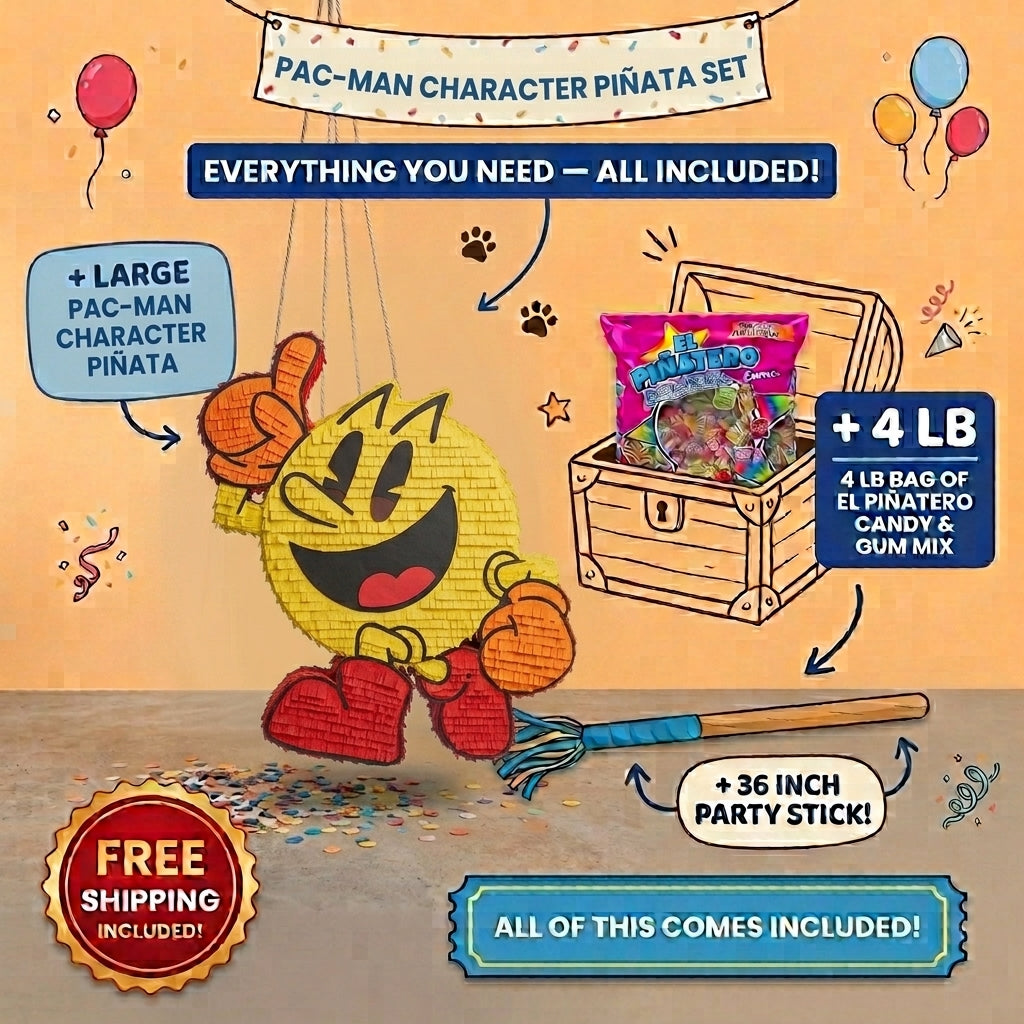 Pac-Man piñata bundle with 4 lb Mexican candy, 36 inch stick, and free shipping included