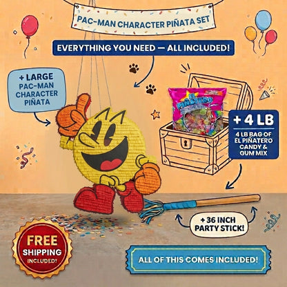 Pac-Man piñata bundle with 4 lb Mexican candy, 36 inch stick, and free shipping included