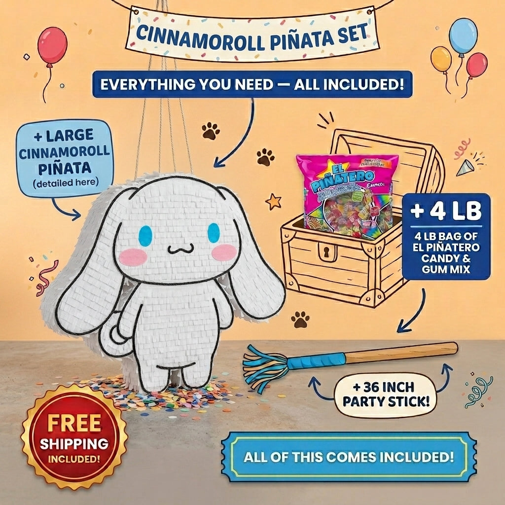 Cinnamoroll piñata set with 4 lb Mexican candy, 36 inch stick, and free shipping included