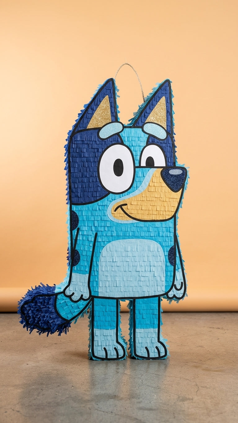 Handmade Bluey piñata 30 inches tall, blue handmade paper fringe, standing upright