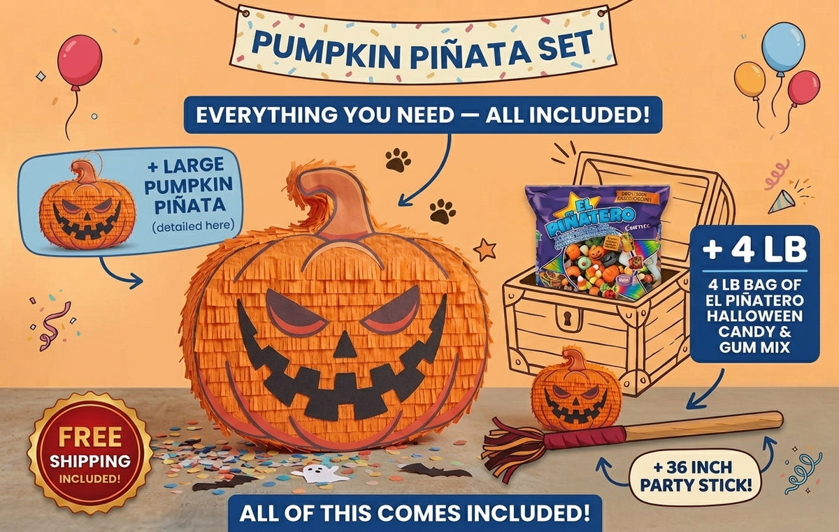 Pumpkin piñata bundle with 4 lb Mexican candy, 36 inch stick, and free shipping included