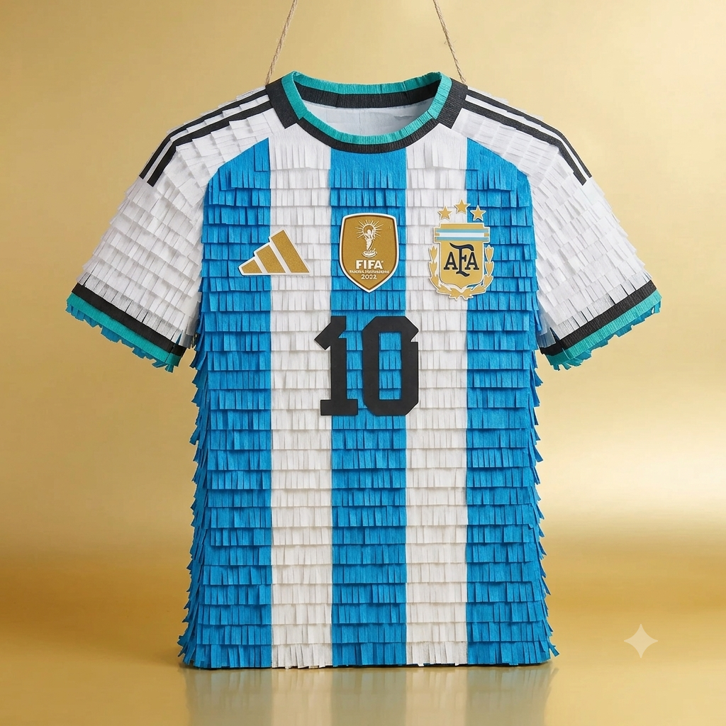 Argentina soccer jersey piñata inspired by Messi for soccer birthday party