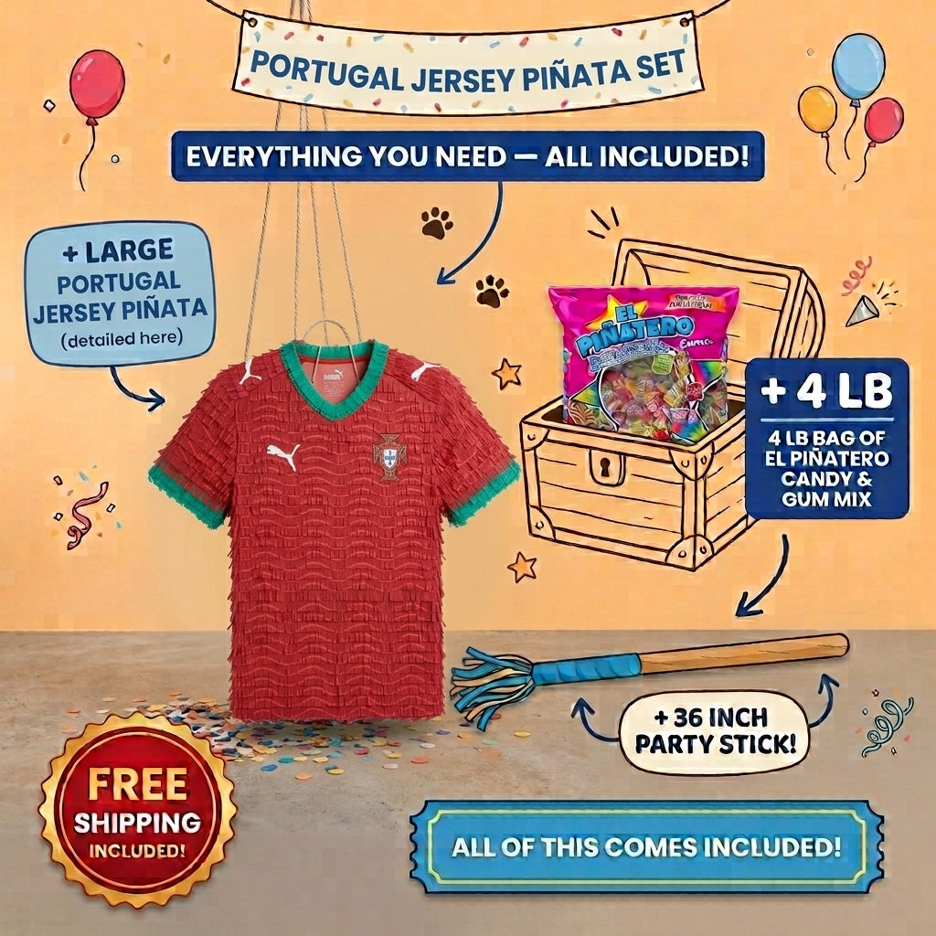 Cristiano Ronaldo jersey piñata bundle with 4 lb Mexican candy, 36 inch stick, and free shipping included