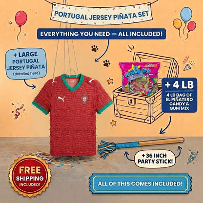 Cristiano Ronaldo jersey piñata bundle with 4 lb Mexican candy, 36 inch stick, and free shipping included