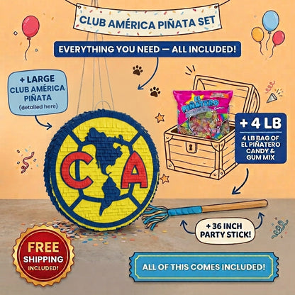 Club América piñata bundle with 4 lb Mexican candy, 36 inch stick, and free shipping included