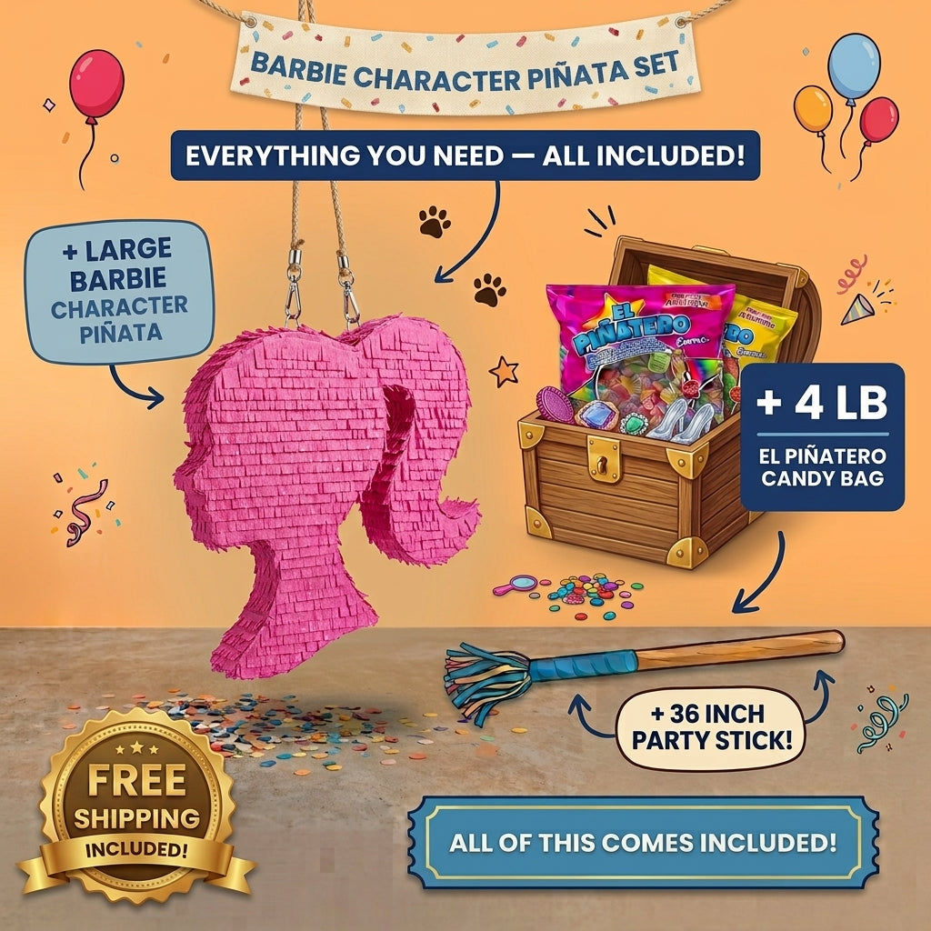 Barbie piñata bundle with 4 lb Mexican candy, 36 inch stick, and free shipping included