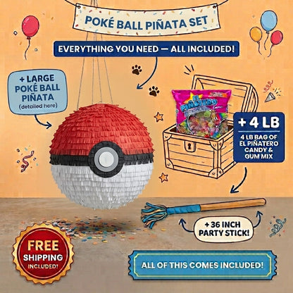 Pokéball piñata bundle with 4 lb Mexican candy, 36 inch stick, and free shipping included