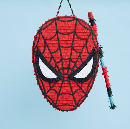 Handmade Spider-Man face piñata, 30 inch superhero birthday party piñata in red and blue