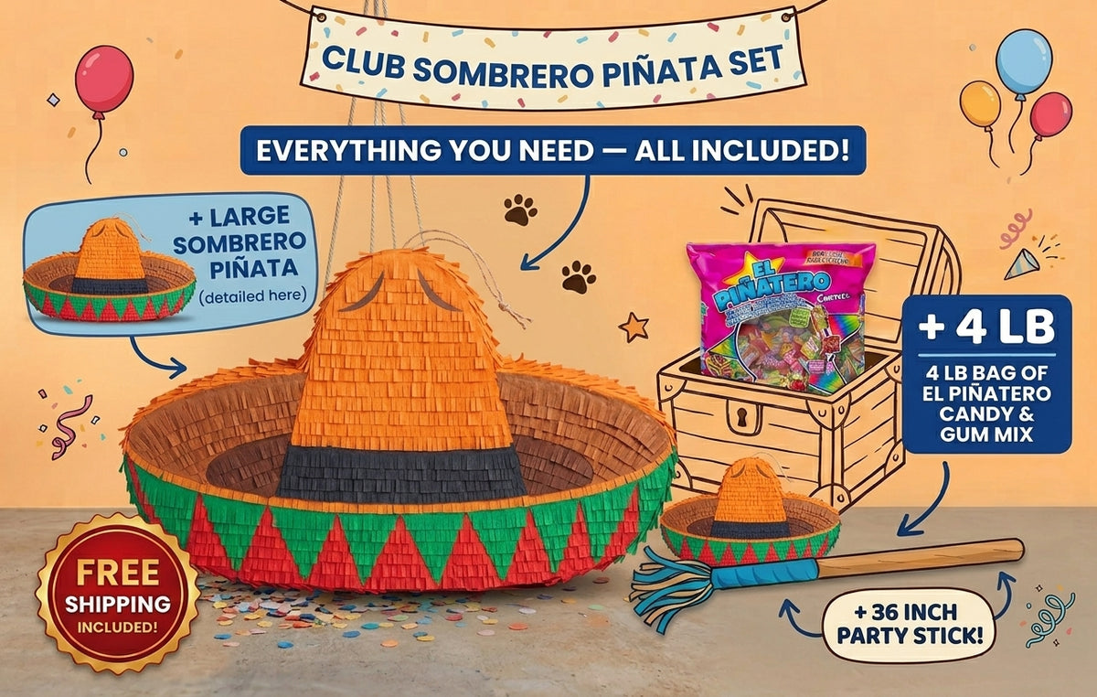 Sombrero piñata with 4 lb of Mexican candy and 36 inch piñata stick included