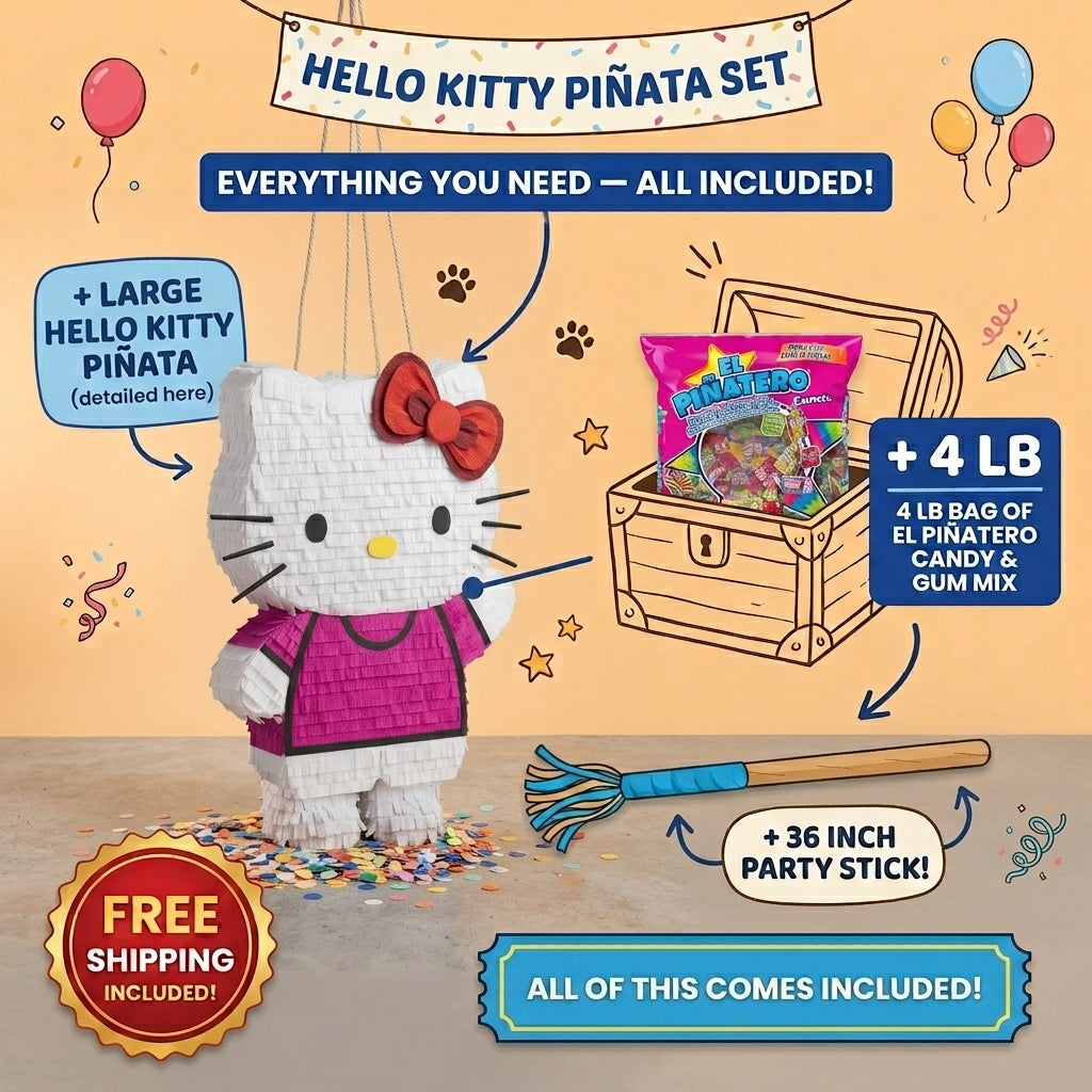 Hello Kitty piñata set with 4 lb Mexican candy, 36 inch stick, and free shipping included