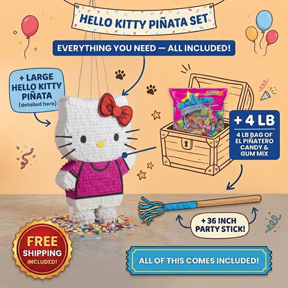 Hello Kitty piñata set with 4 lb Mexican candy, 36 inch stick, and free shipping included