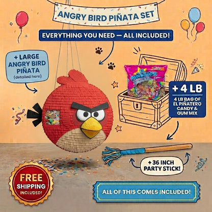 Angry Birds piñata bundle with 4 lb Mexican candy, 36 inch stick, and free shipping included