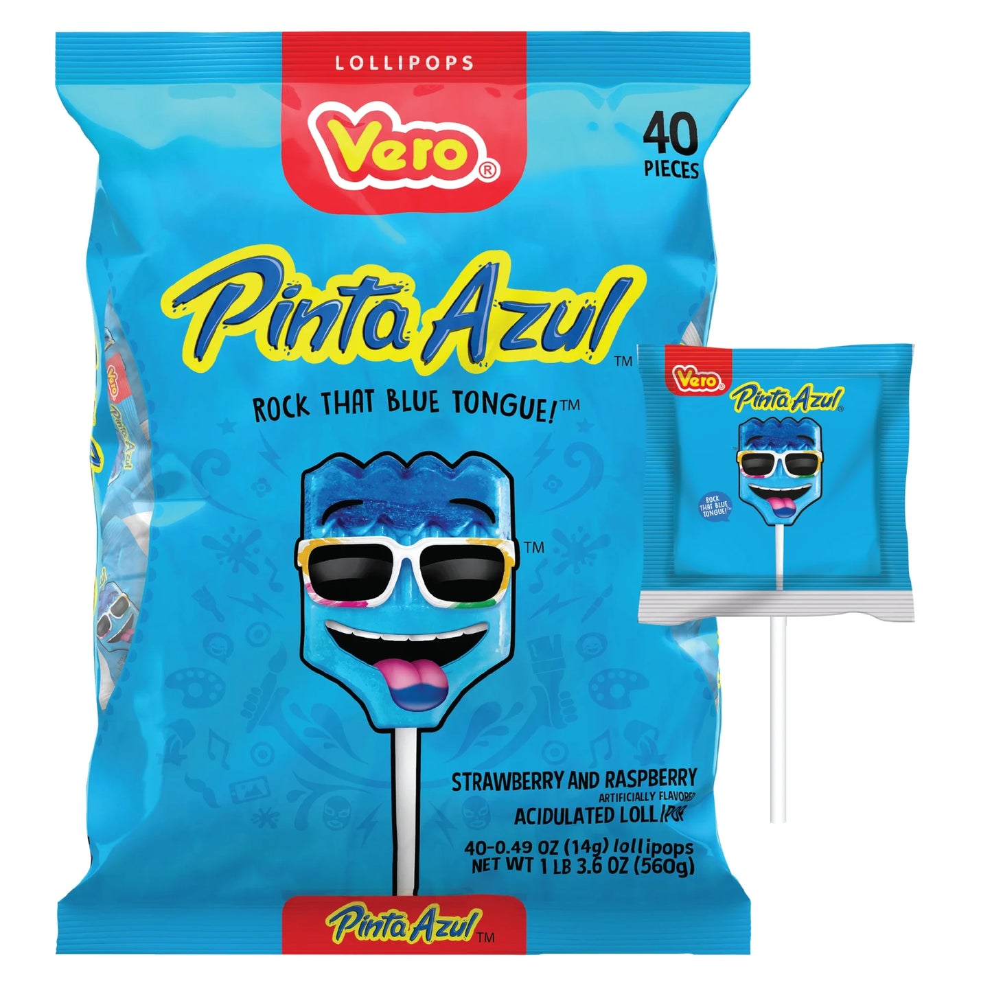 Vero Pinta Azul Strawberry/Raspberry 40ct Lollipop Mexican Candy